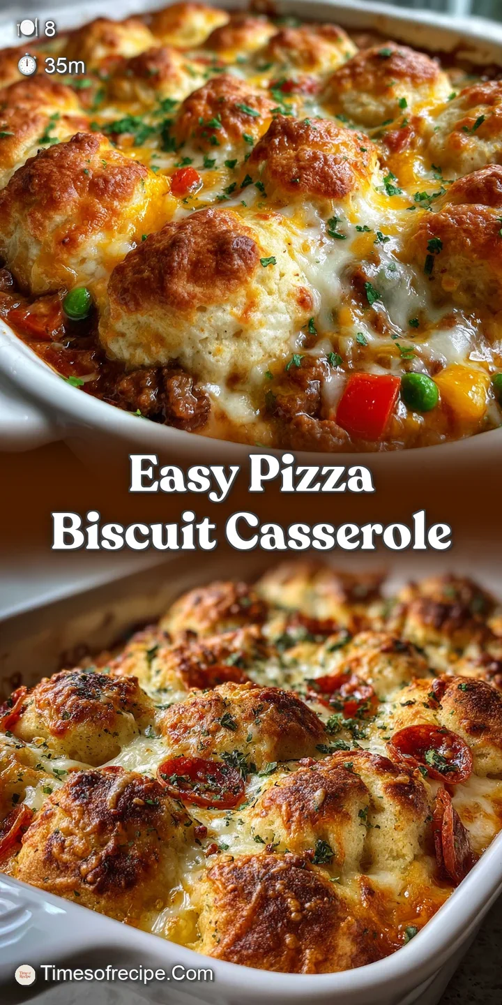 Close-up of bubbly, melted cheese and golden biscuit topping. Hints of red tomato sauce peek through, promising savory fla...