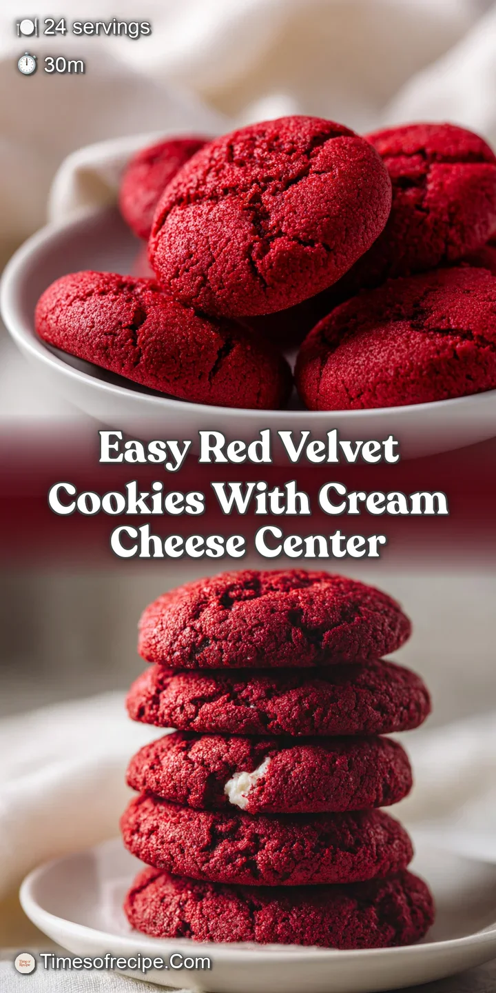 Close-up of a single red velvet cookie. Soft, cake-like texture with a slight crackle. Cream cheese frosting peeks through...