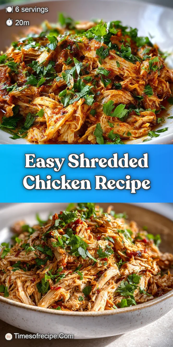 Close-up of juicy, shredded chicken strands glistening in a velvety, light-colored sauce. A comforting and appetizing view.