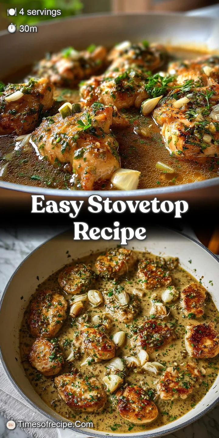 Close-up of glistening garlic chicken in a rich, simmering gravy. Herb flecks and browned bits create a tempting, savory i...