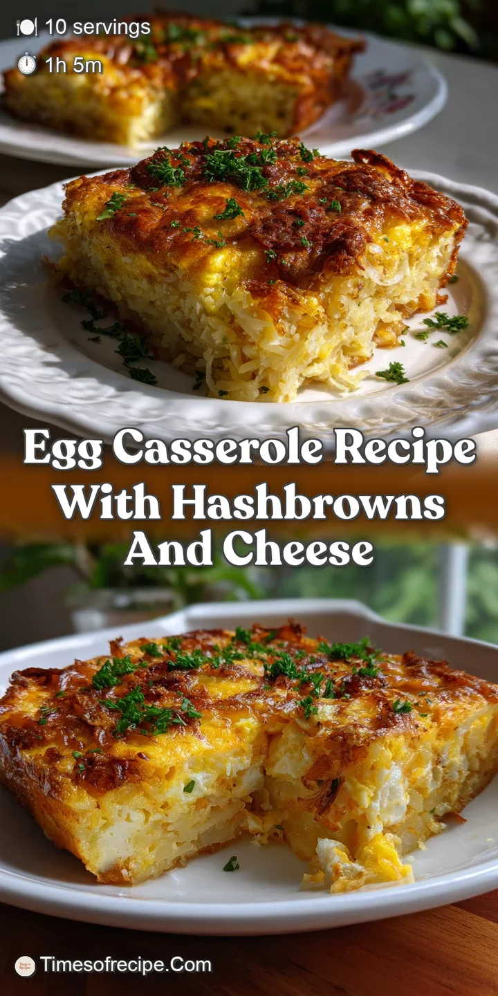 Close-up of a cheesy egg casserole, with a warm, inviting glow. Fluffy egg interior contrasts with crispy hashbrowns and m...