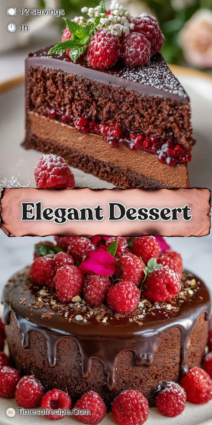 Close-up shot of glistening raspberries nestled on top of moist, dark chocolate truffle cake. A tempting glimpse of indulg...