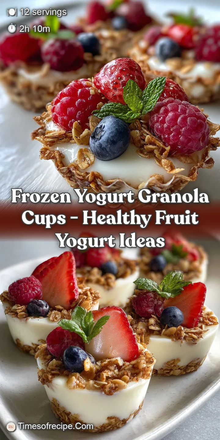 Close-up of a frozen yogurt cup's textural perfection: Crumbly granola topping, a creamy swirl of yogurt, and bright pops ...