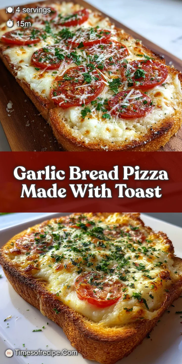 Close-up of a bubbling, cheesy garlic bread pizza. Visible melted mozzarella, toasted bread edges, and fresh herb garnish.