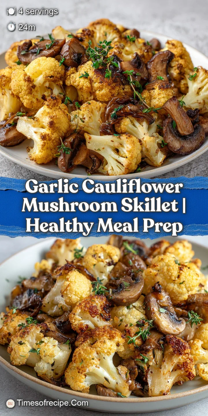 Close-up of golden-brown roasted cauliflower and mushrooms glistening with a savory, buttery garlic glaze.