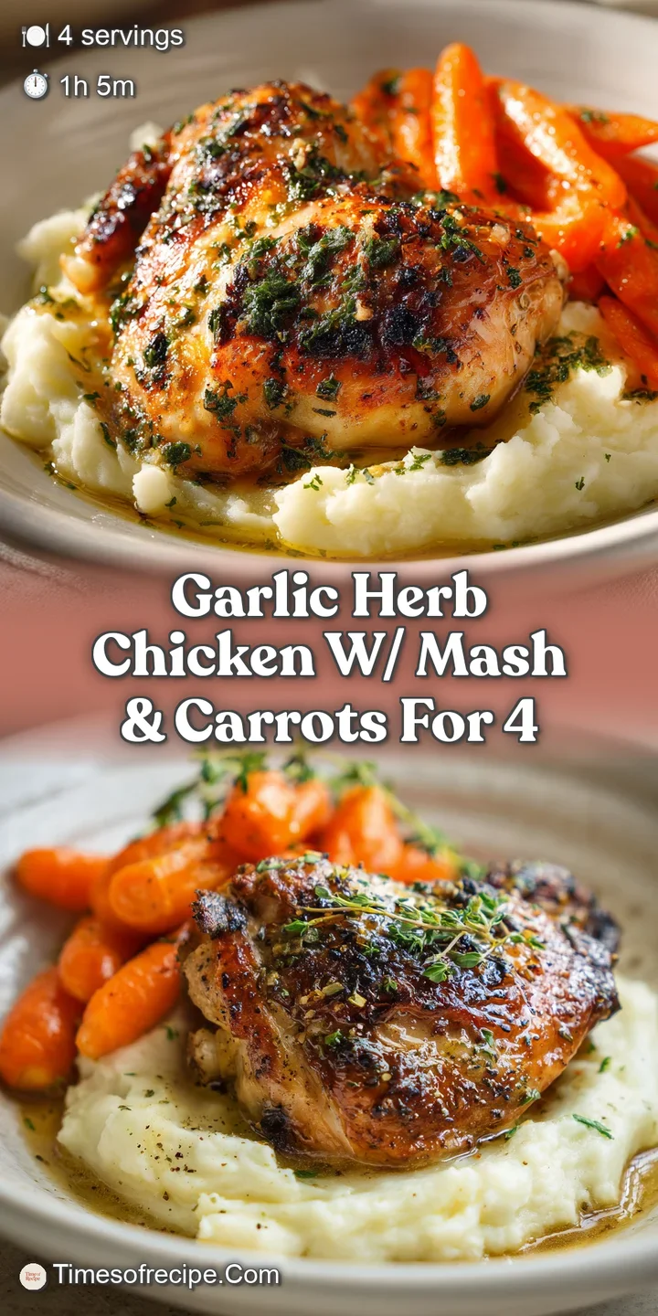 Close-up of juicy garlic herb chicken glistening with savory juices, paired with fluffy mashed potatoes and glazed carrots.