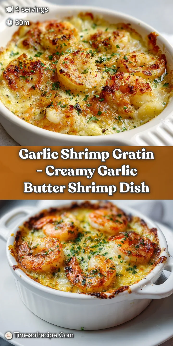 Close-up: golden-brown garlic shrimp gratin. Bubbly, creamy sauce peeks between shrimp and toasted breadcrumbs. Irresistib...