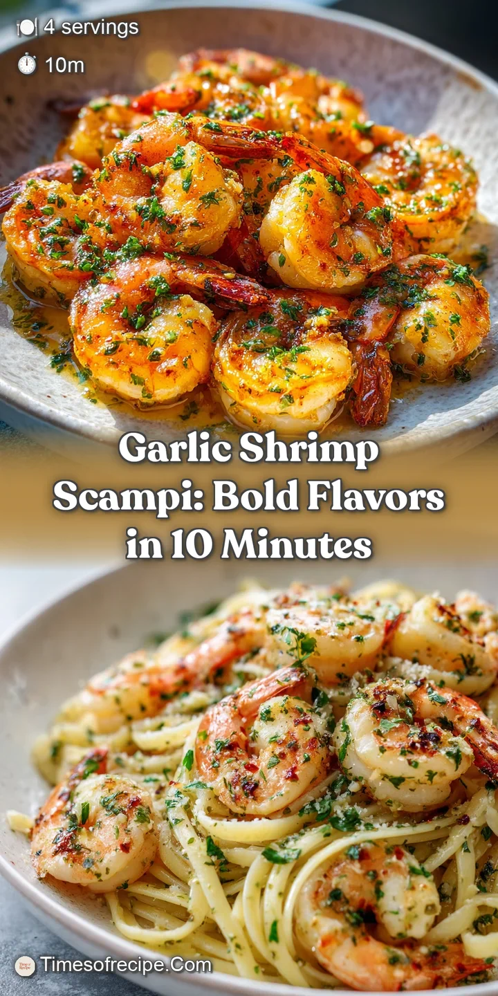 Appetizing close-up of garlic shrimp scampi, showing glistening shrimp, herbs, and rich, buttery sauce ready to be enjoyed.
