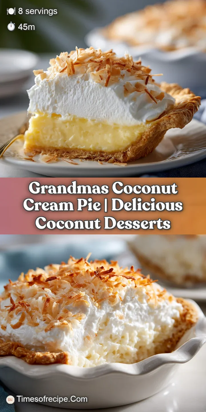 Close-up reveals the luscious, creamy filling of coconut cream pie, topped with a golden-brown toasted coconut topping, in...