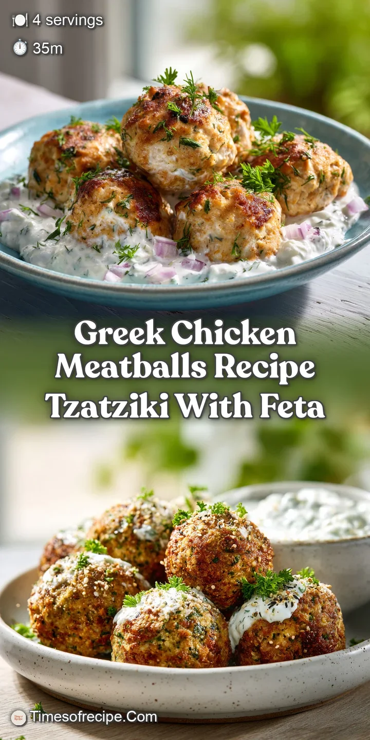 Close-up of savory chicken meatballs with charred edges, contrasted with a generous dollop of smooth, tangy tzatziki sauce.