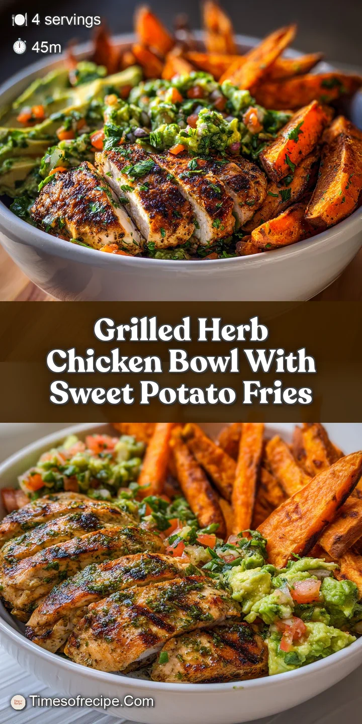 Close-up reveals juicy grilled chicken, sweet potato fries, and a light herb dressing drizzled over fresh greens in a bowl.