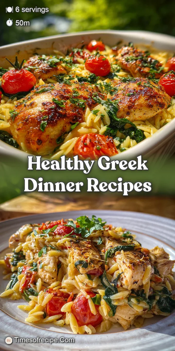 Close-up of bubbling orzo bake: Tender chicken, plump tomatoes, and fresh spinach peek through creamy pasta. Hint of lemon...