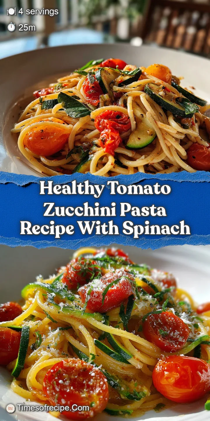 Close-up of glistening tomato sauce clinging to pasta strands and tender zucchini. Lightly peppered with herbs. Looks fres...