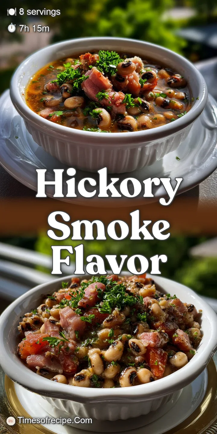 Close-up shot of glistening black-eyed peas and smoky ham. The broth shimmers, promising a warm, savory experience with de...