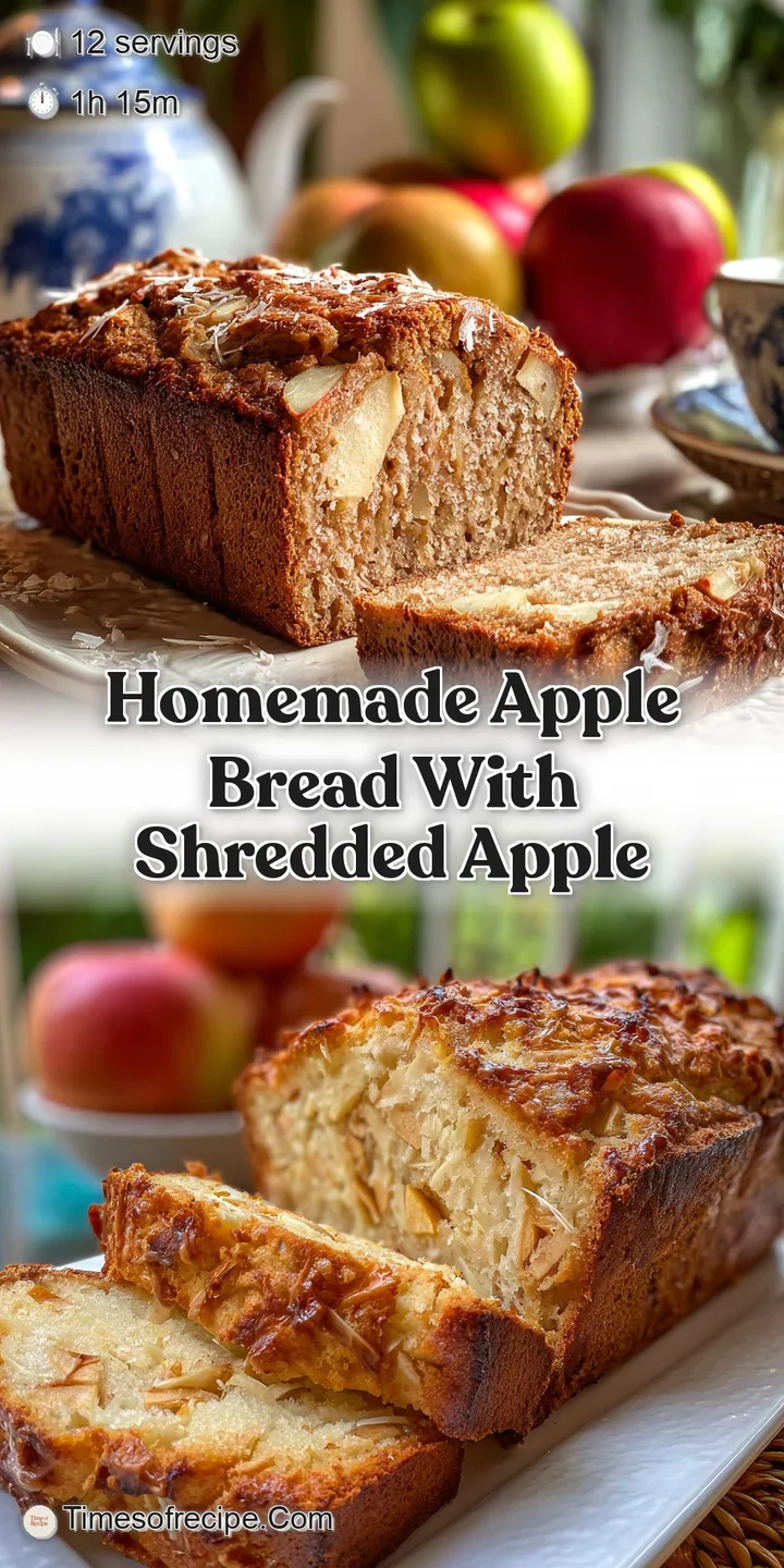 Close-up reveals moist apple bread interior, dotted with apple pieces. Sugary, crackled top surface appears slightly stick...