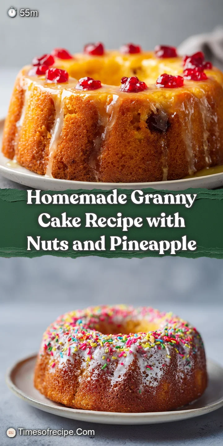 Close-up shot of a moist, nut-studded granny cake. Light reflects off sugary glaze, highlighting the cake's delicious text...
