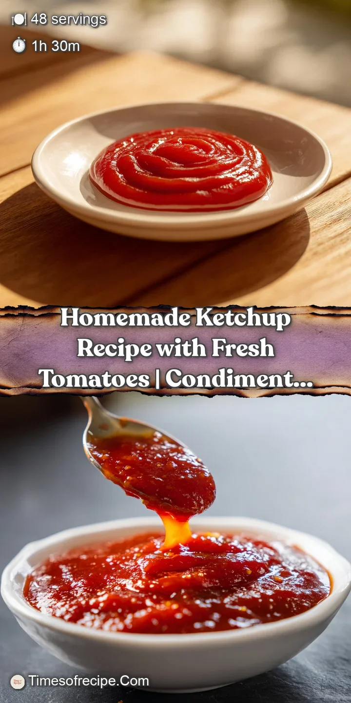 Close-up view of thick, rich homemade ketchup with flecks of herbs. A glossy sheen hints at the sweet and savory flavor wi...
