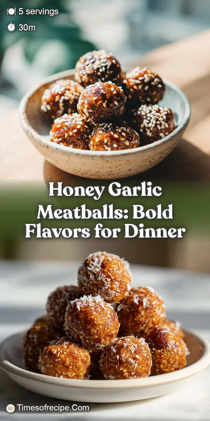 Close-up of a sticky honey garlic meatball, sauce pooling around it. Glistening texture hints at savory-sweet flavor, with...