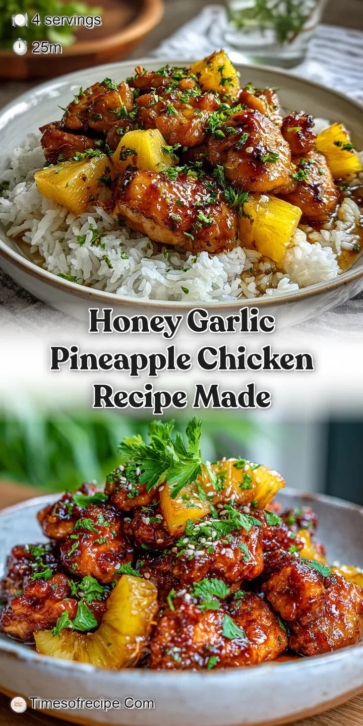 Close-up of glazed chicken and pineapple. The honey garlic coating looks thick and sticky with a satisfying, caramelized s...