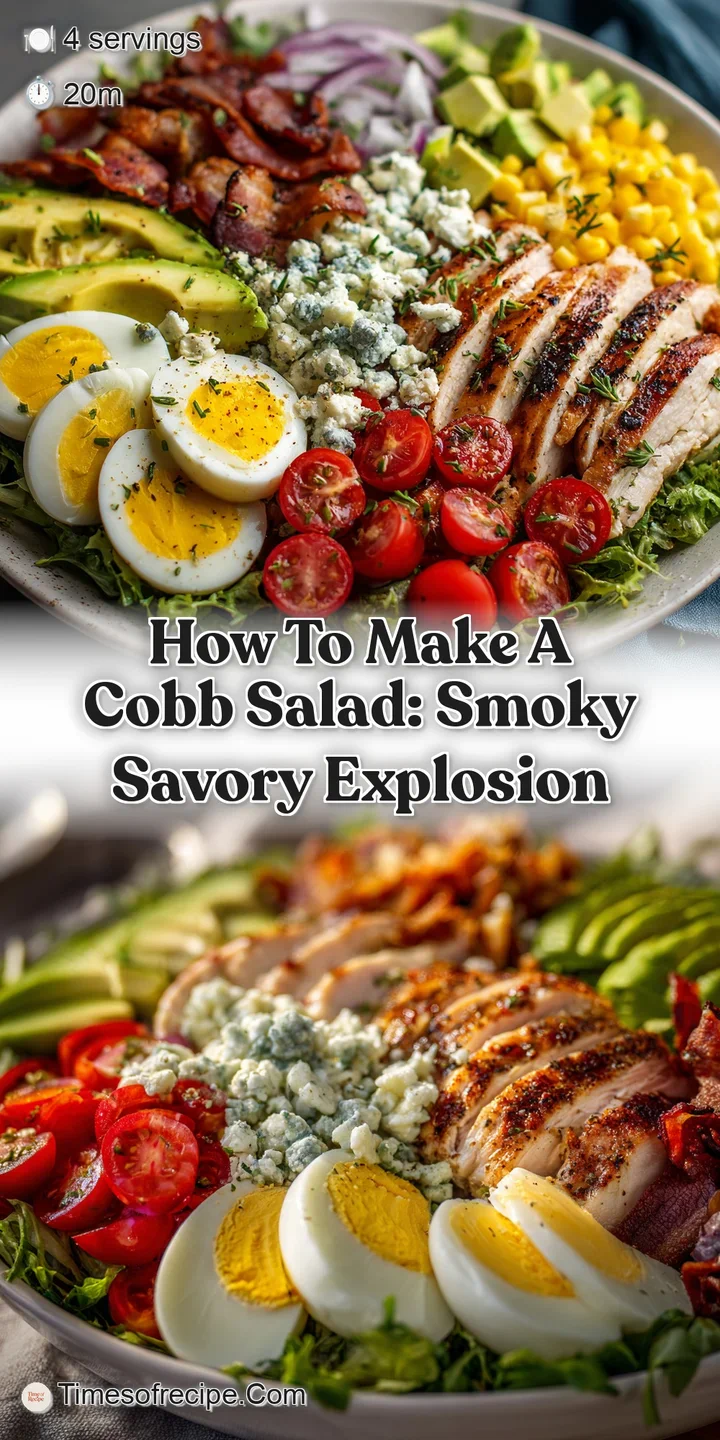 Close-up of a Cobb salad showcasing the textures: crumbly blue cheese, smooth avocado, and crisp bacon, drizzled with crea...