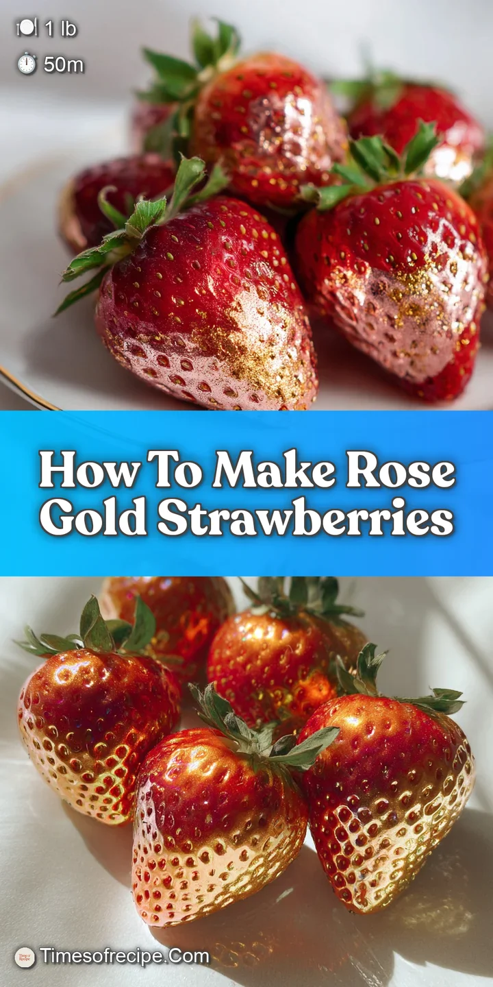 Close-up of a dipped strawberry with a luminous rose gold finish. Texture appears smooth and even with a slight sheen of g...