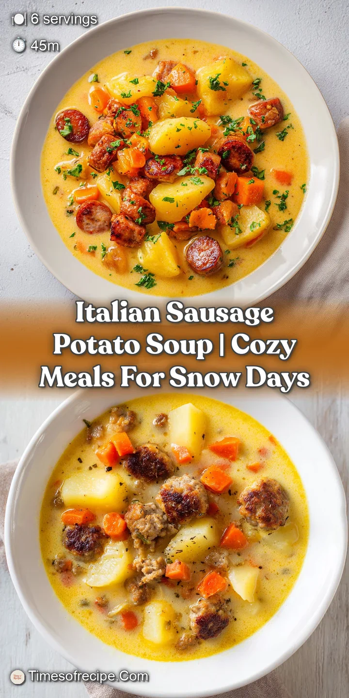 Close-up shot of velvety golden soup featuring a seared sausage piece and tender, soft potato cubes on a silver spoon.