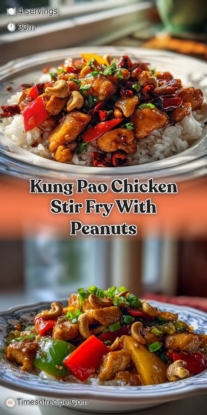 Close-up reveals tender chicken pieces coated in a rich, slightly spicy sauce with visible peanuts and chili flakes.