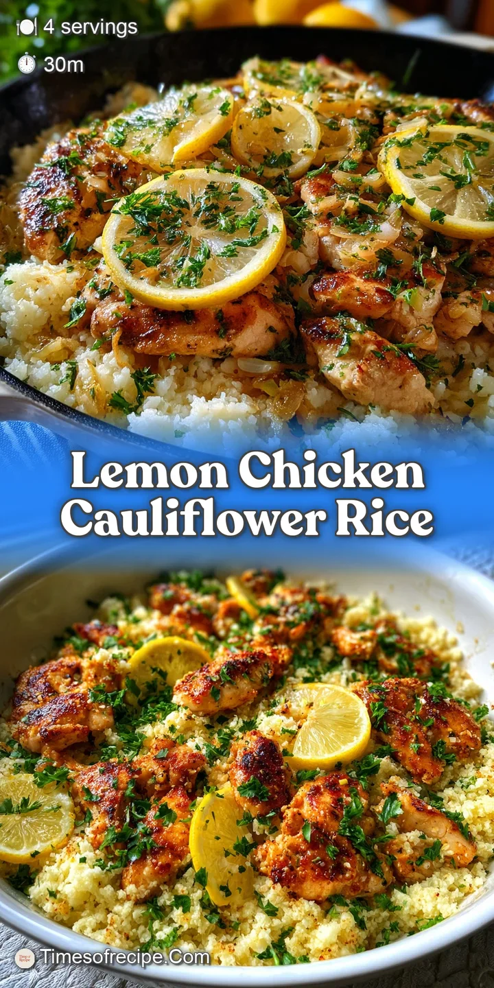 Close-up of tender chicken with browned edges and fluffy cauliflower rice, the sauce looks savory. Sprinkling of herbs add...