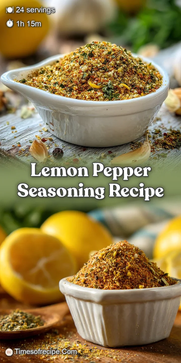 Close-up of lemon pepper seasoning showing the bright yellow lemon zest flecks and cracked black peppercorns creating a ze...