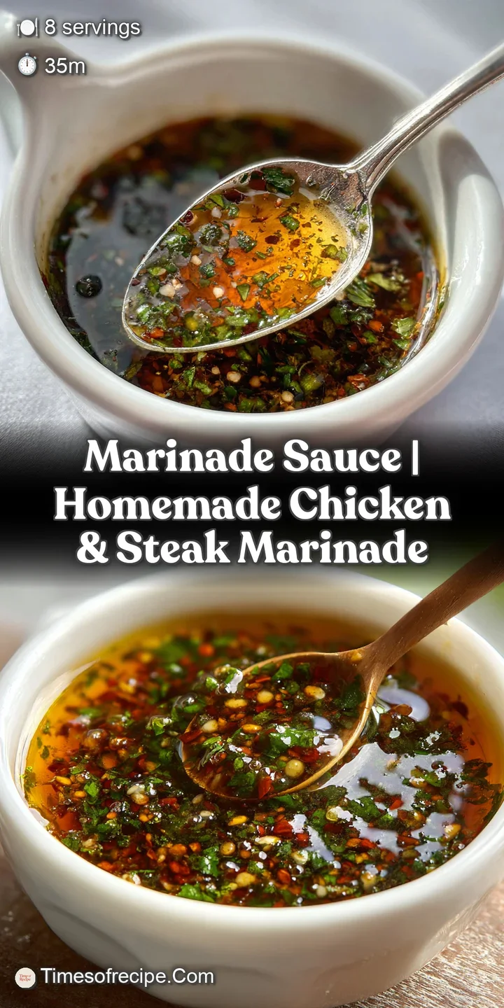 Close-up of marinated steak, glistening with savory sauce, showcasing the rich, deep color and herb flecks ready for the g...