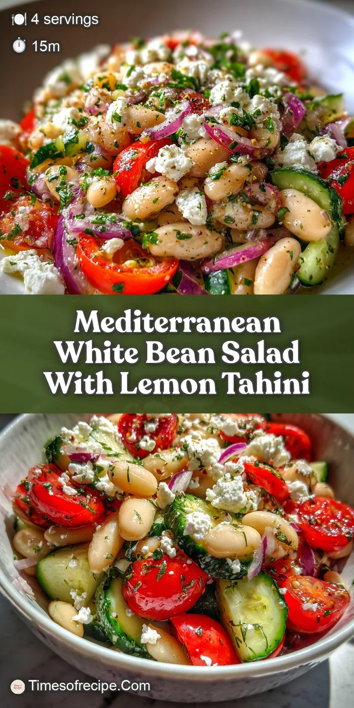 Close-up: glistening white beans with vibrant specks of parsley, dill, and bright red tomato, suggesting fresh flavors and...