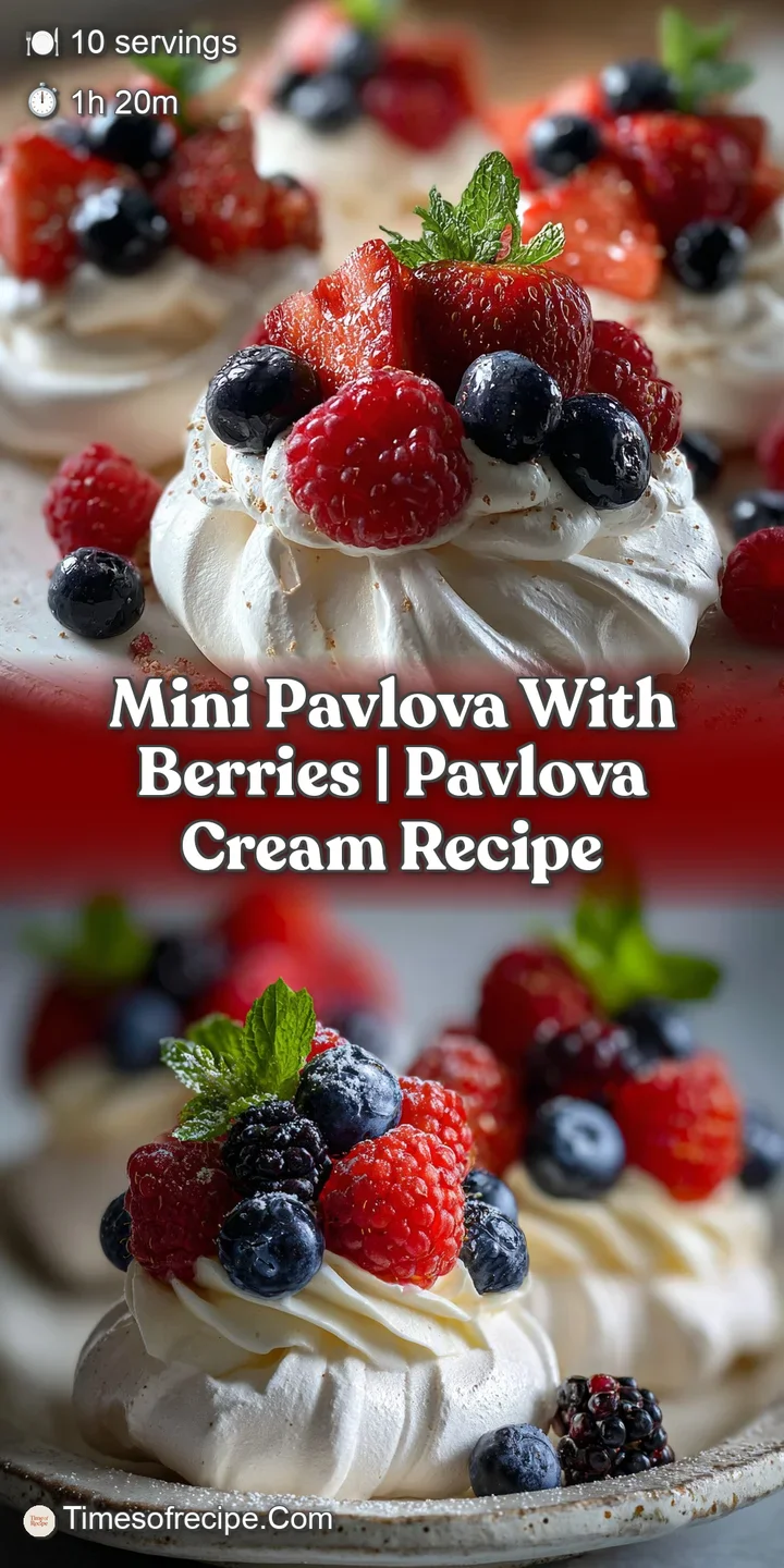 Close-up of a mini pavlova's airy meringue, soft peaks of cream, and juicy berries. Captures the texture and freshness bea...