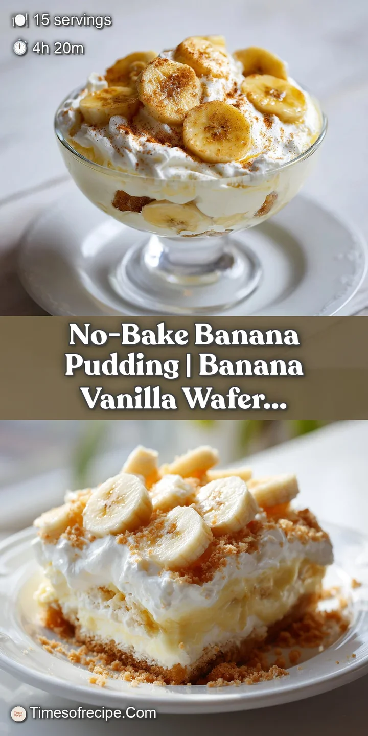 Close-up of rich, smooth banana pudding with visible chunks of banana and crisp vanilla wafer pieces.