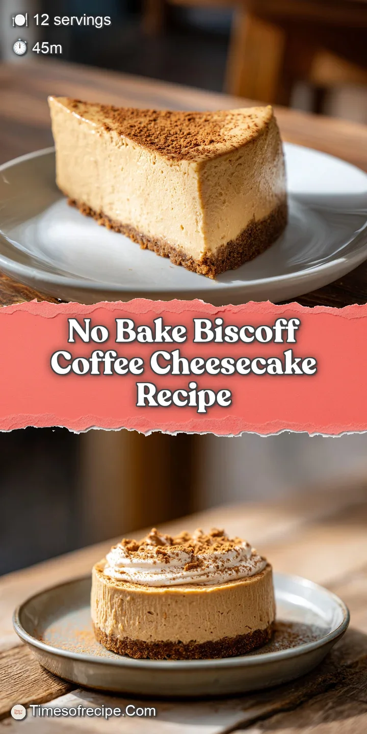 Close-up of a coffee cheesecake slice: visible layers of creamy filling, Biscoff, and crust. Rich texture and inviting aroma.