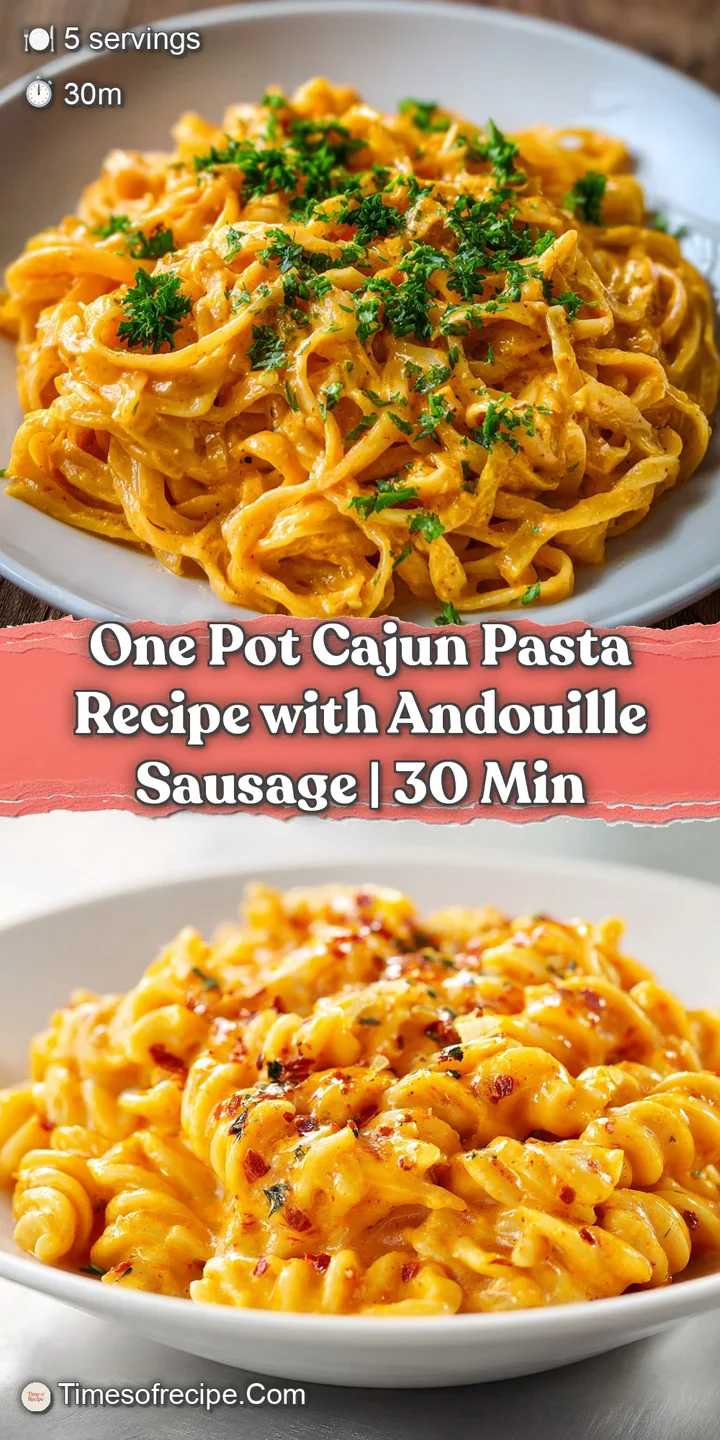 Close-up of Cajun pasta with golden-brown sausage, vibrant bell peppers, and creamy sauce clinging to each noodle strand.