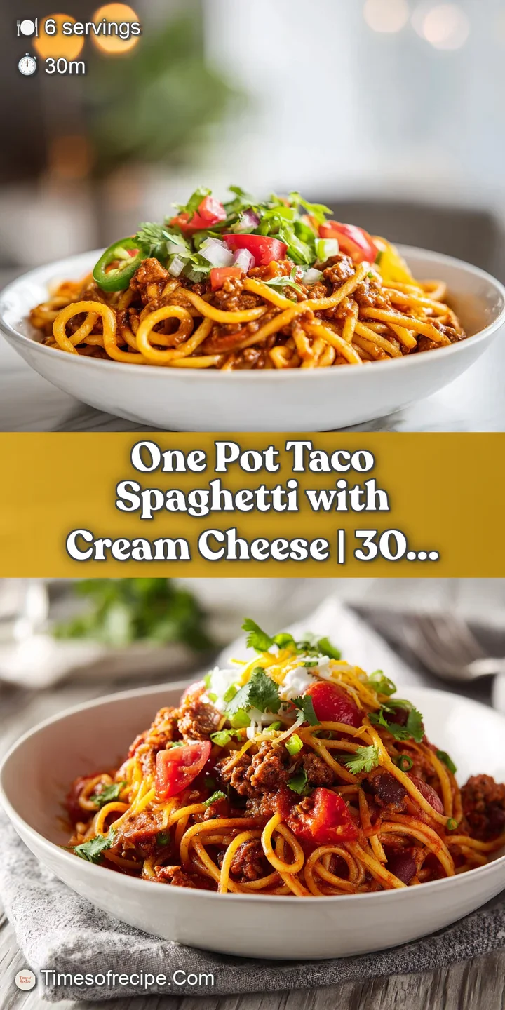 Close-up of glistening taco spaghetti, showcasing the rich, melted cheese and savory ground beef. Steam rises, promising a...
