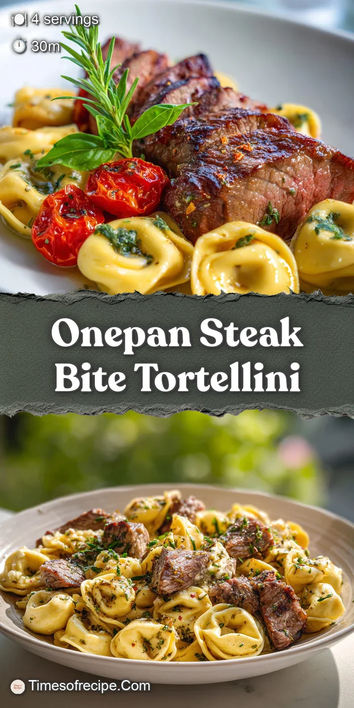 Juicy steak bites and cheese tortellini glistening in a pool of rich, golden garlic butter. Steam rises invitingly.