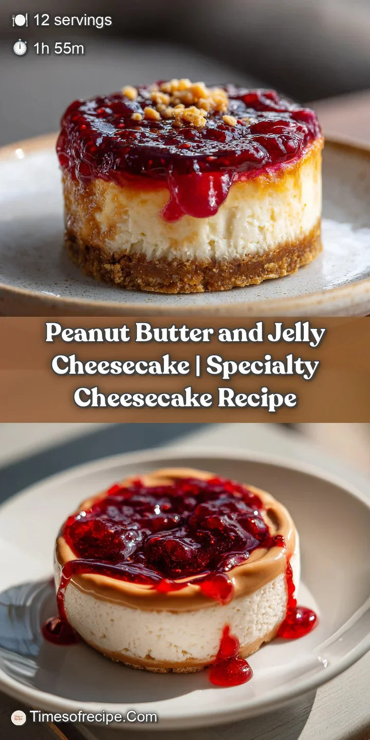 Close-up of a luscious peanut butter cheesecake slice showcasing creamy layers and a vibrant grape jelly swirl on top, del...