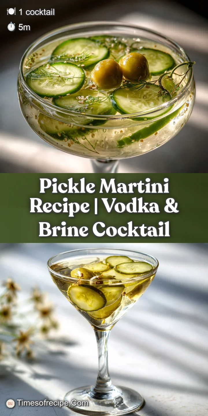 Close-up of a chilled martini with a bright green pickle. Beads of condensation cling to the glass, promising a refreshing...