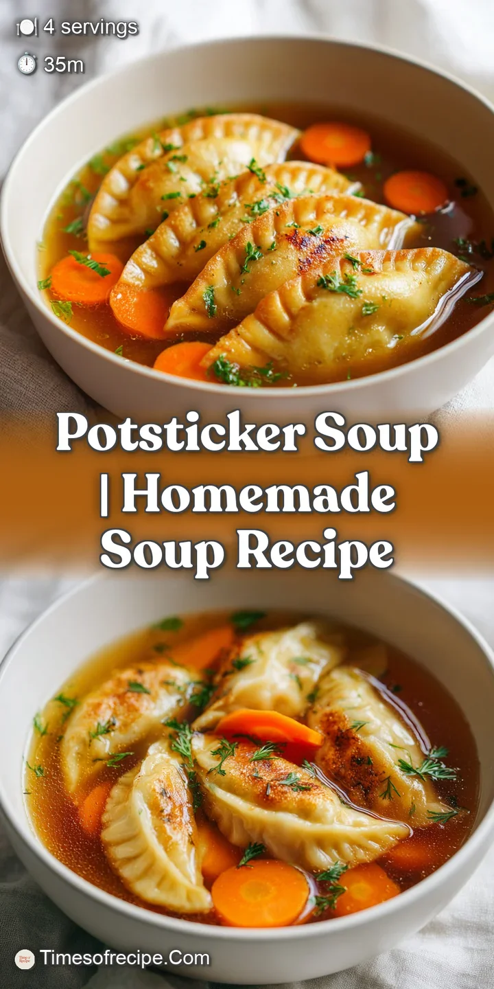 Macro shot of a seared dumpling with translucent skin resting in steaming golden broth with bright green herbs.