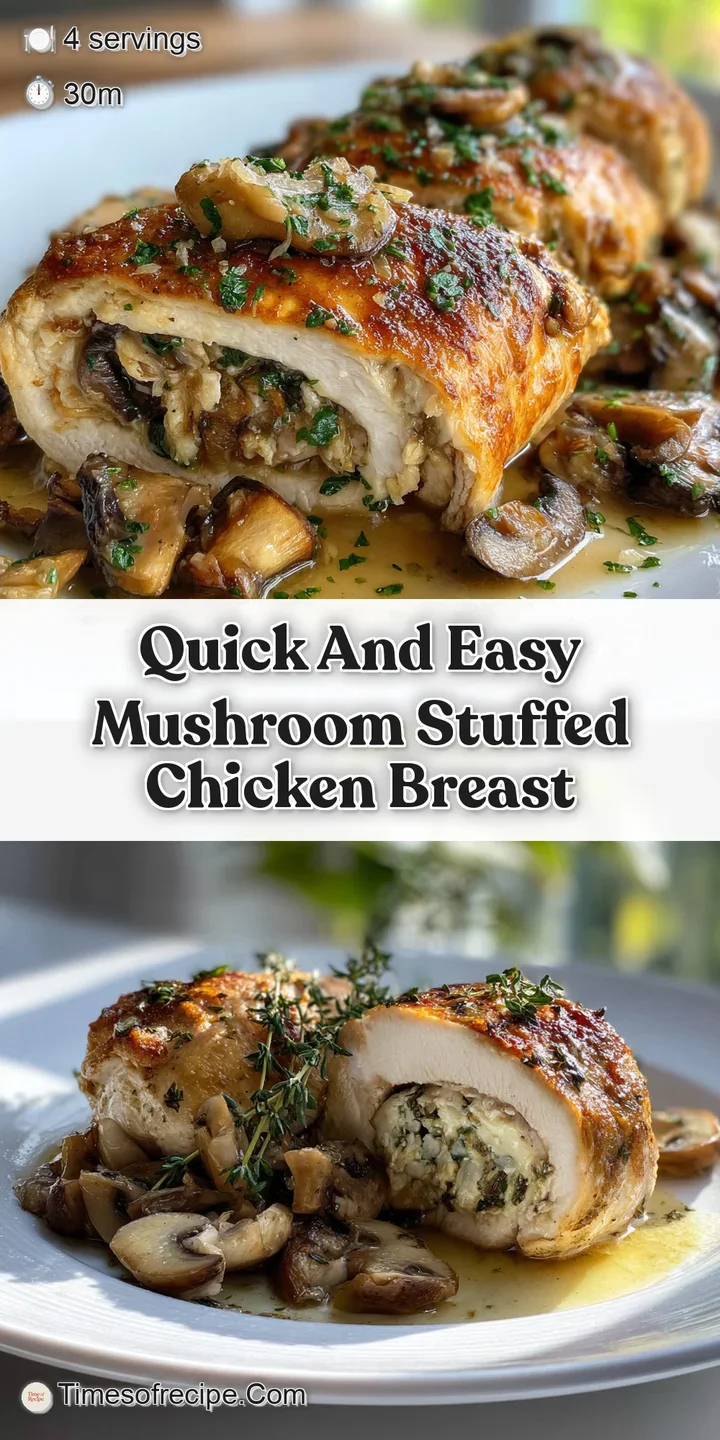 Close-up of mushroom stuffing oozing from a perfectly seared chicken breast, hinting at the garlicky and savory flavors wi...
