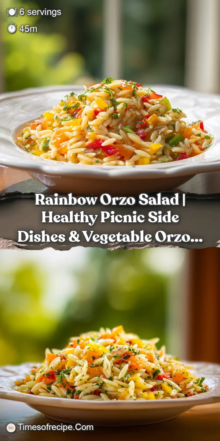 Close-up of tender orzo pasta tossed with crisp red peppers, bright yellow corn, and green cucumber pieces.