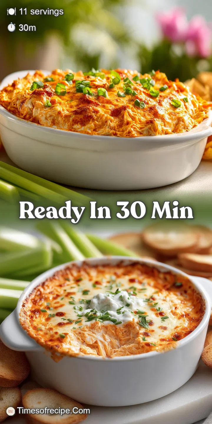 Close-up of warm, inviting buffalo chicken dip; rich, creamy texture with visible spices and flecks of red pepper, fresh p...