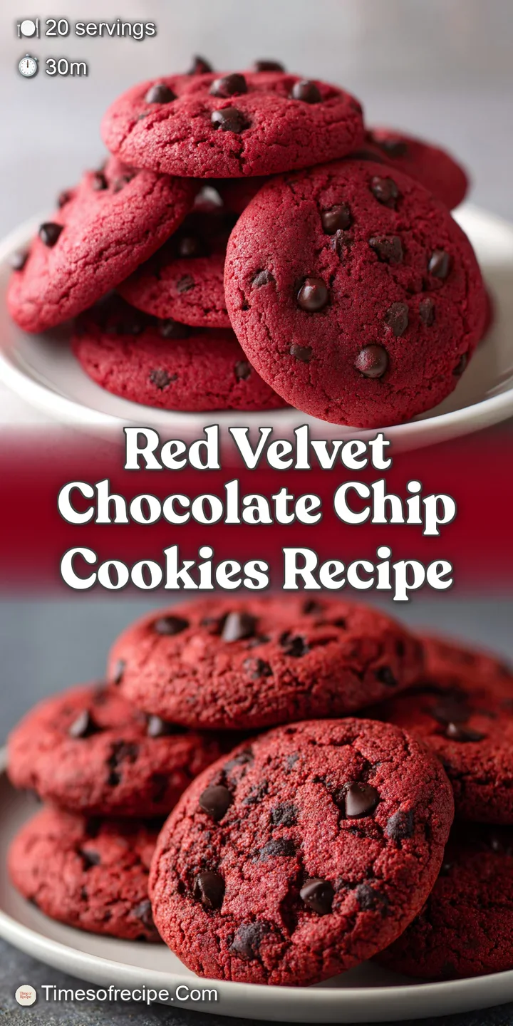 Close-up of a red velvet cookie showcasing its soft, slightly gooey interior. Creamy white chocolate chips dot the surface...