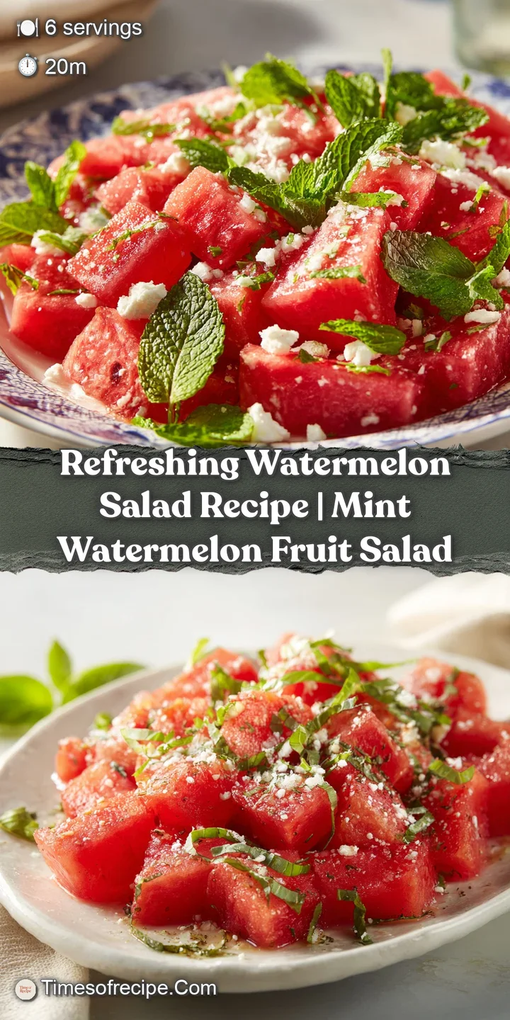 Juicy watermelon chunks with a glistening sheen, paired with creamy white feta and fresh green mint.