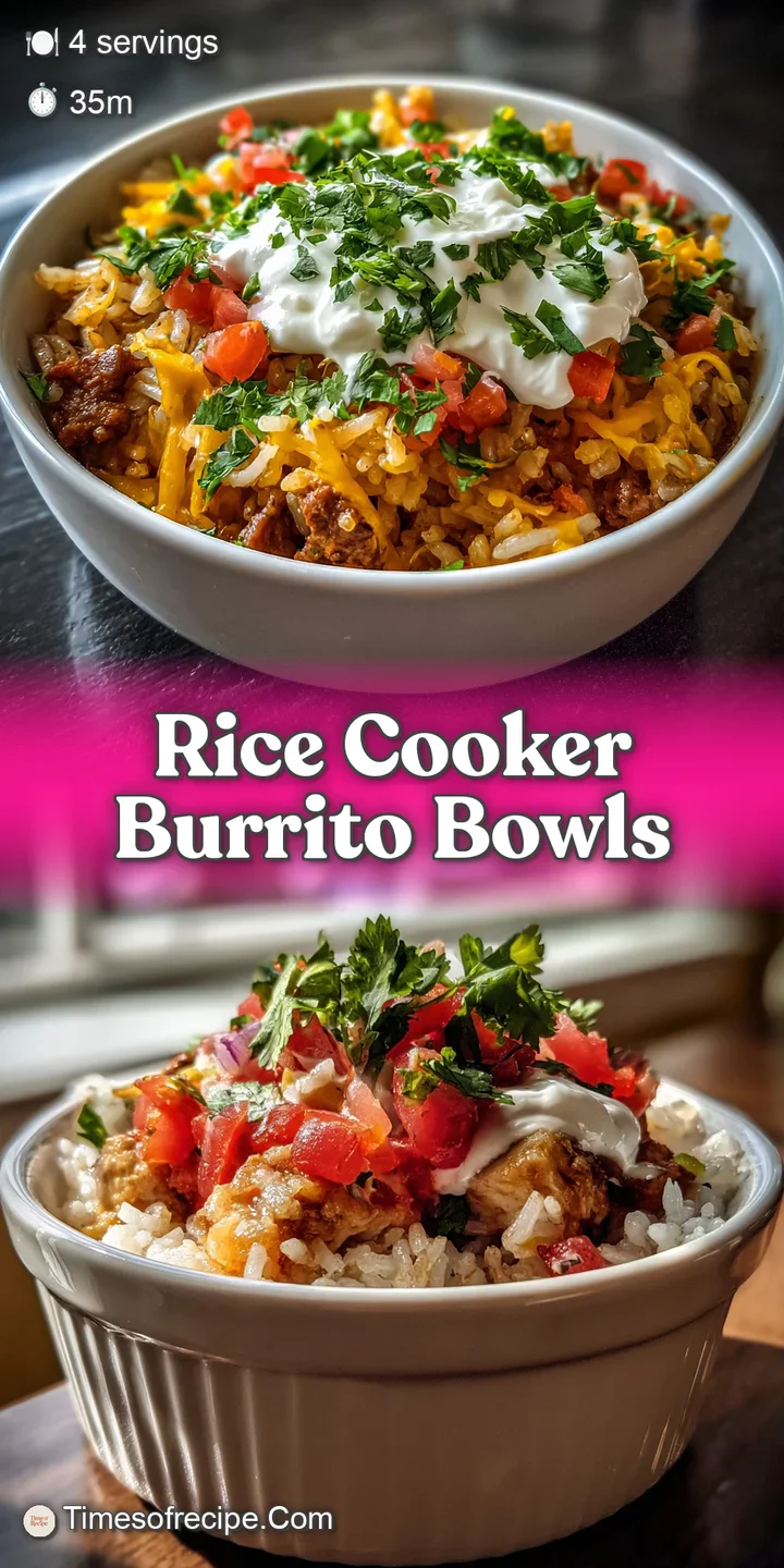 Close-up of a burrito bowl: Steaming rice and seasoned beef contrast with cool salsa, cheese, and creamy avocado chunks. S...