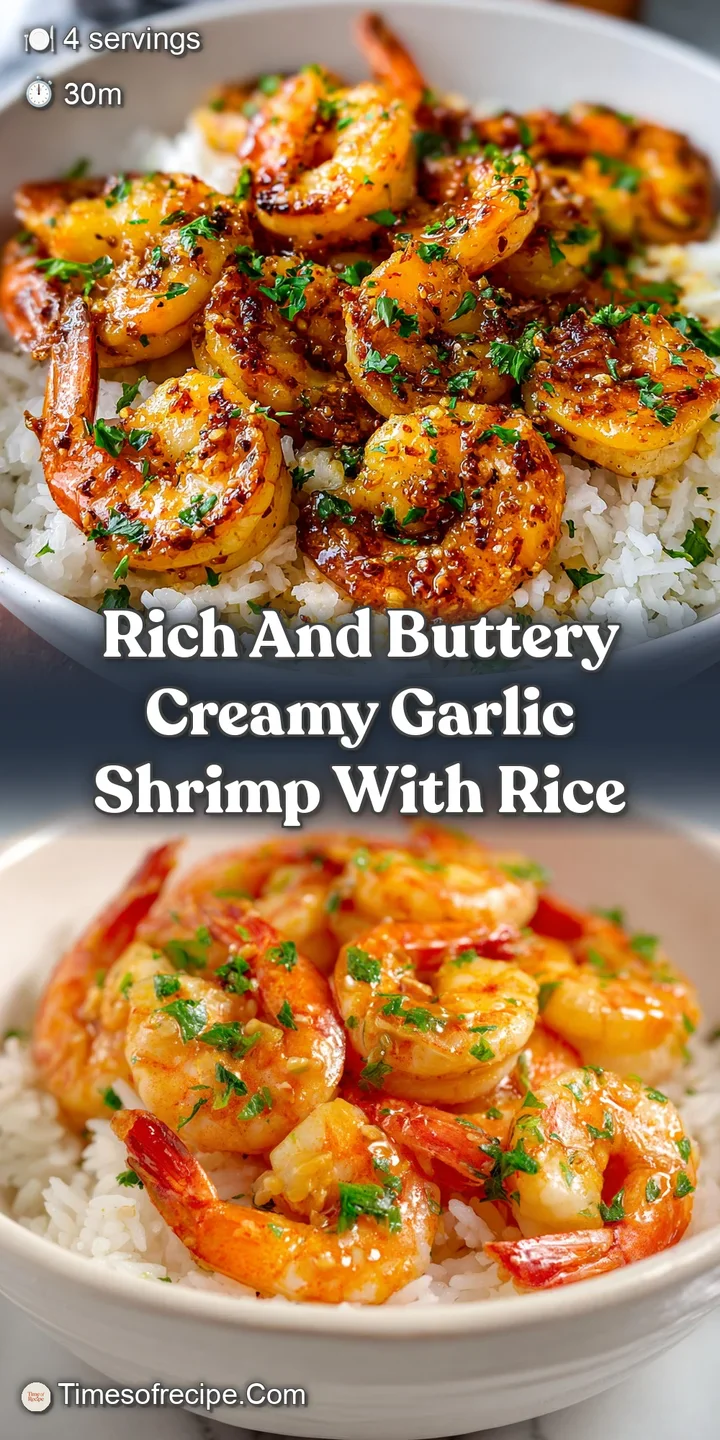 Close-up reveals succulent shrimp bathed in a luscious garlic cream sauce. Notice the flecks of garlic and herbs in the ri...