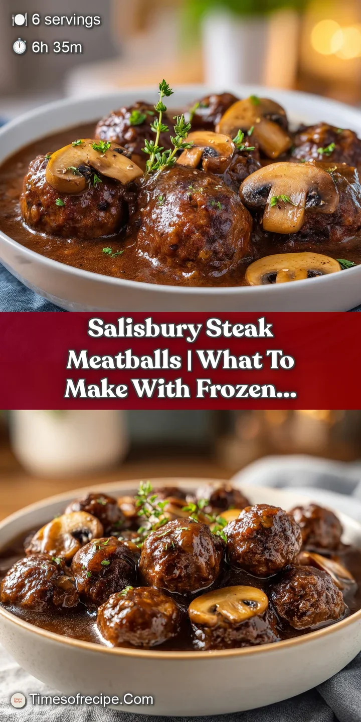 Close-up of a juicy meatball coated in a thick, silky brown sauce with steam rising from saut&eacute;ed earthy mushrooms.