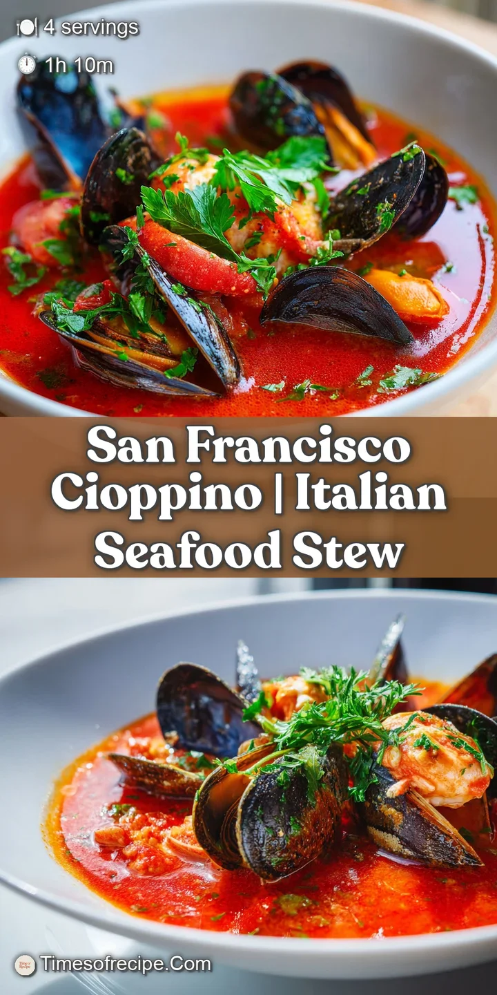 Close-up of a plump, pink shrimp and a glistening mussel submerged in a thick, aromatic red tomato broth.