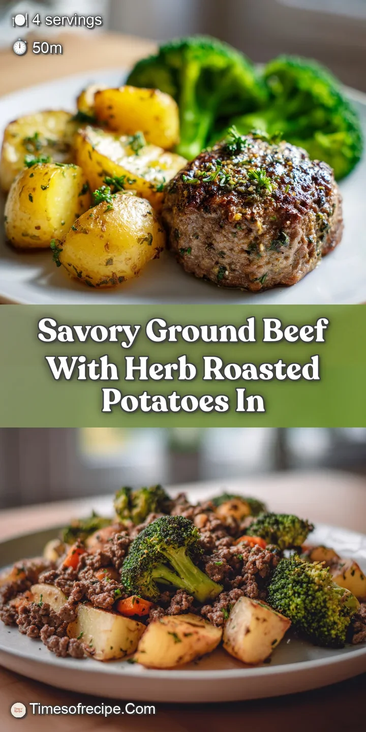 Close-up of glistening, savory ground beef with herbs. Beside it, a perfectly roasted potato with a golden-brown, crackled...